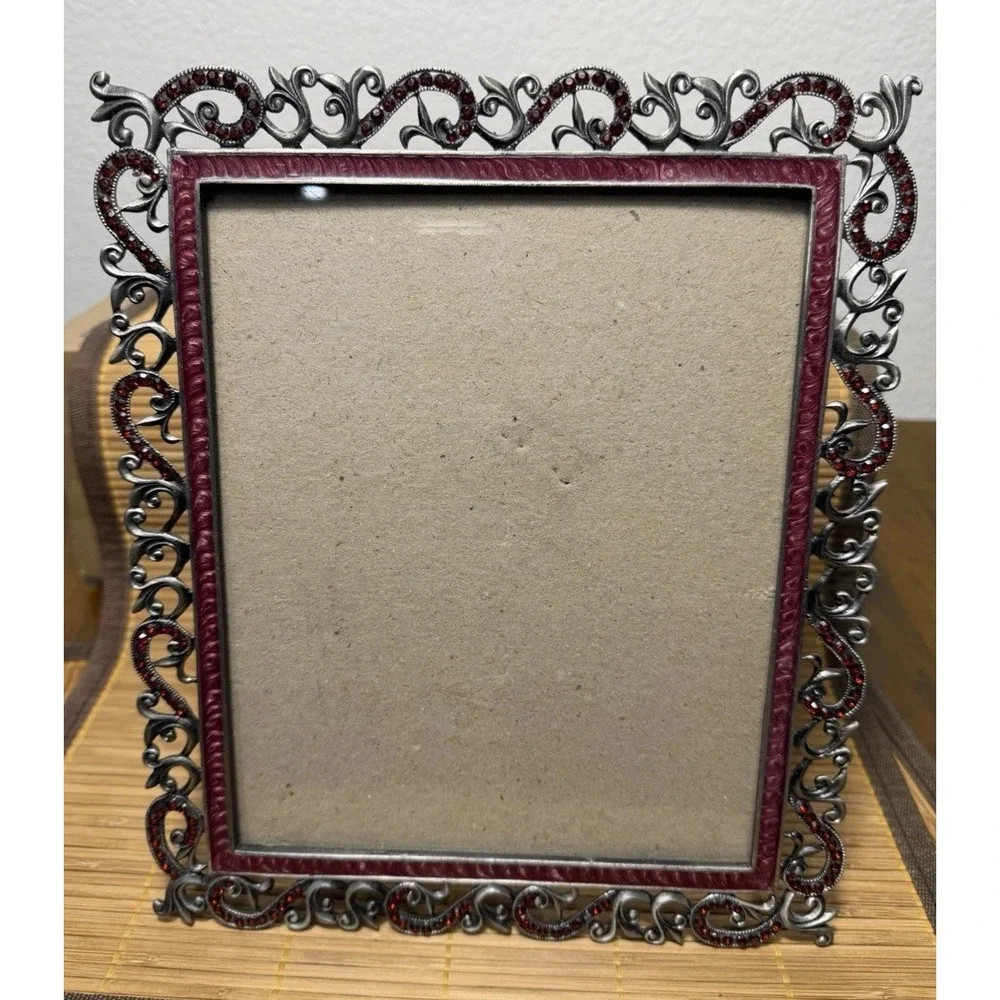 Vtg. Gothic Romantic Victorian Silver Filagree Frame With Red Rhinestone Border